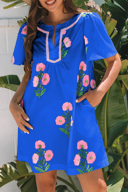 Women's Blue Floral Short Sleeve Split Neck Loose Summer Mini Dress