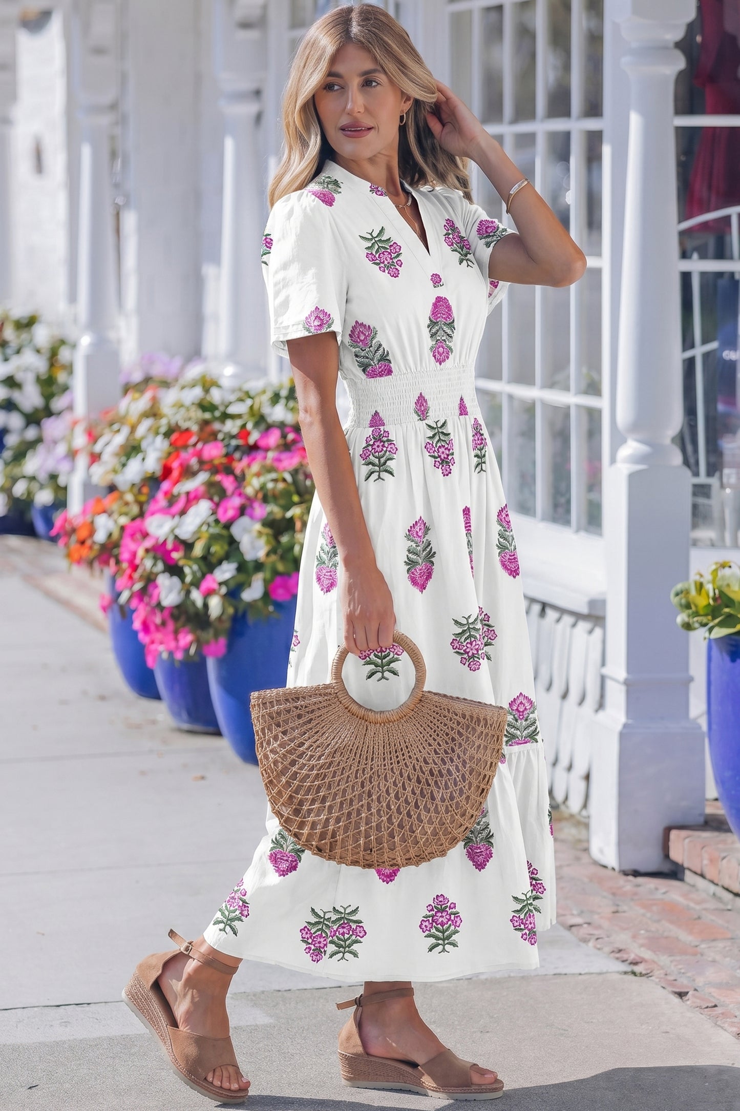 Women's White Floral Split Neck Summer Maxi Dress