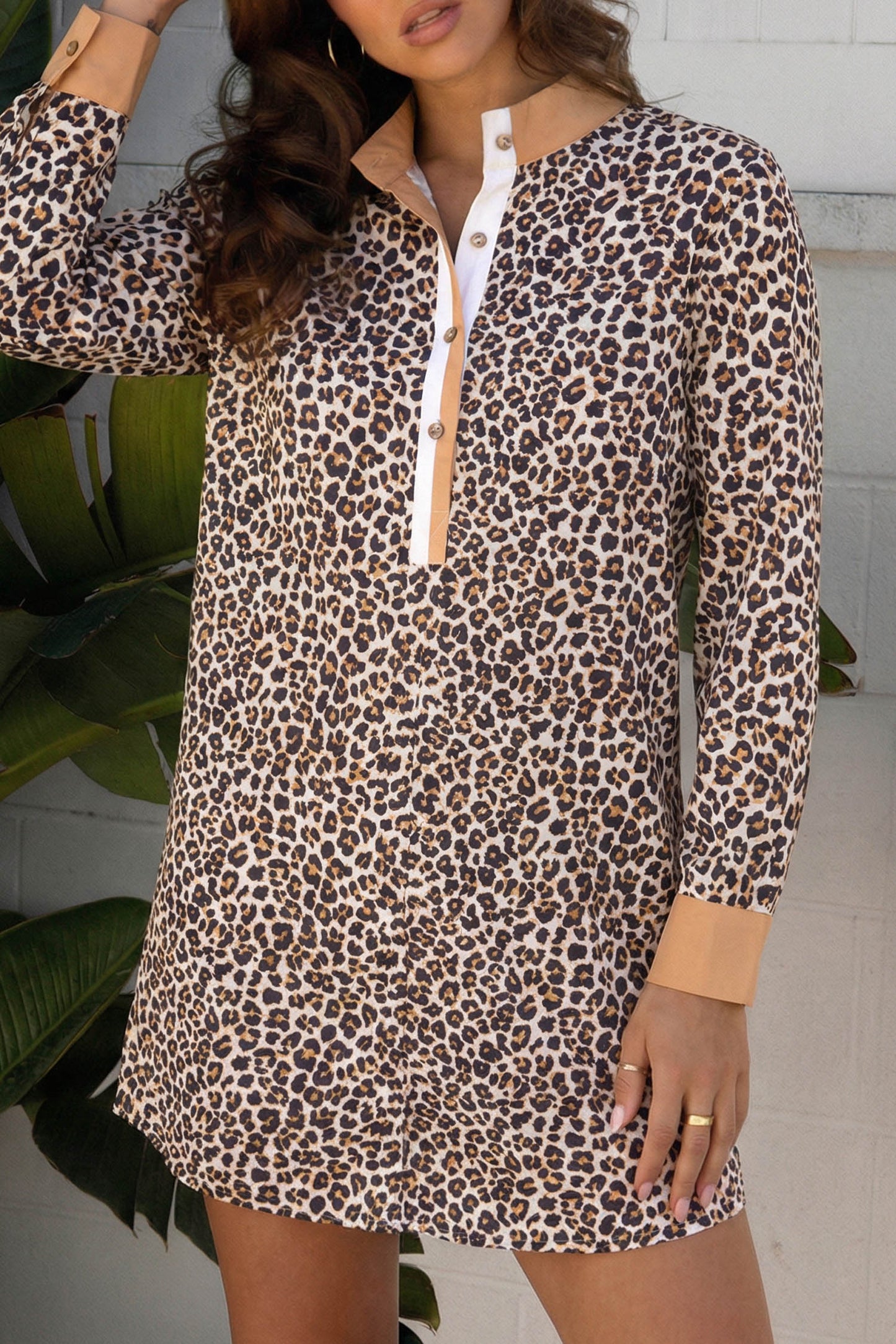 Women's Khaki Leopard Print Long Sleeve Summer Mini Dress