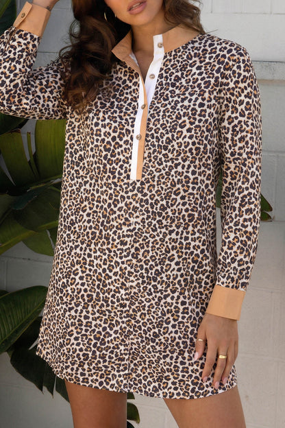 Women's Khaki Leopard Print Long Sleeve Summer Mini Dress