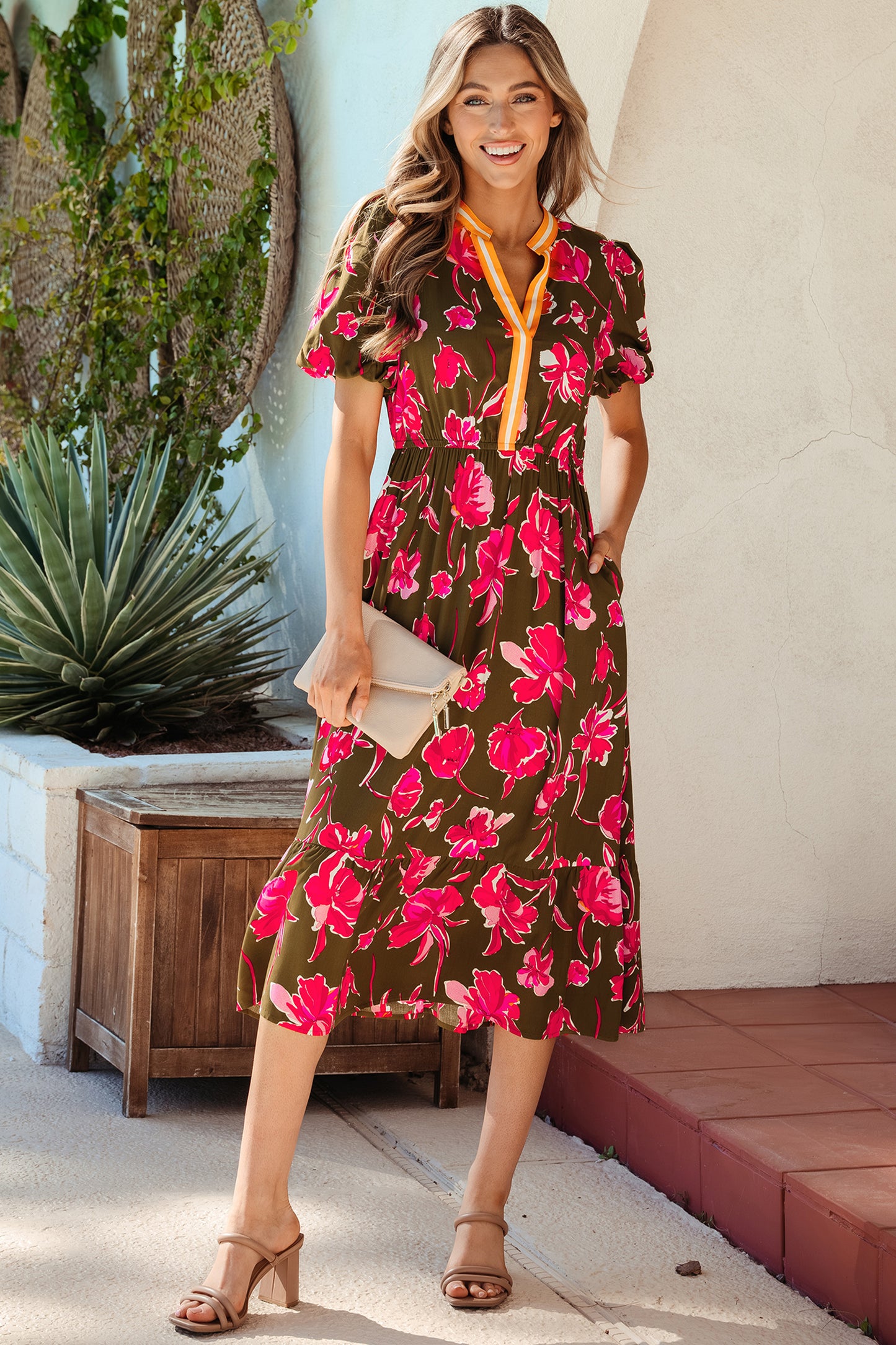 Women's Green Floral Trim Split Neck Short Puff Sleeve Summer Midi Dress