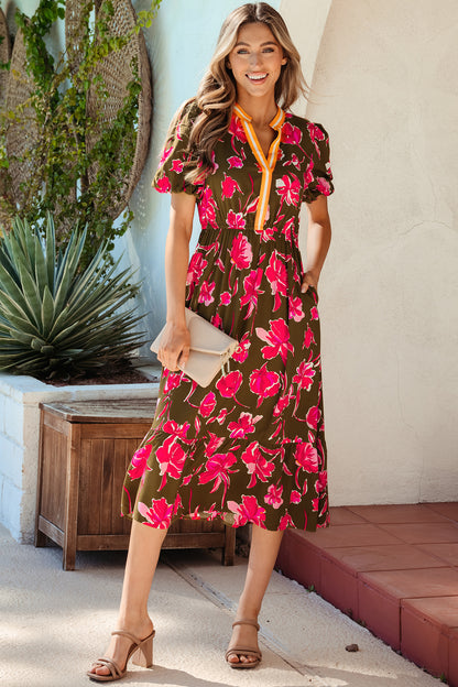 Women's Green Floral Trim Split Neck Short Puff Sleeve Summer Midi Dress