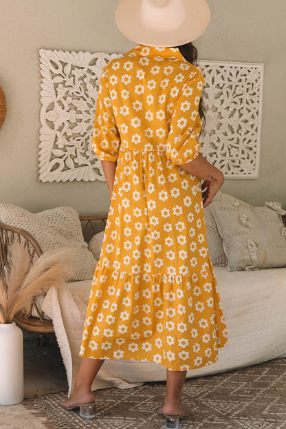 Women's Yellow Flower Bracelet Sleeve Buttons Collared Summer Midi Dress