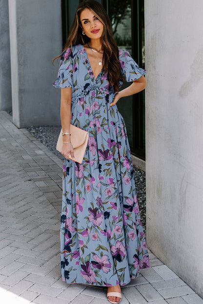 Women's Blue Floral V Neck Short Sleeve Summer Maxi Dress