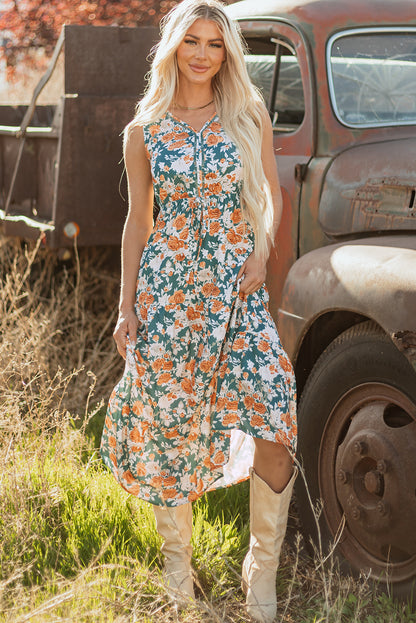 Women's Green Floral V Neck Sleeveless Summer Midi Dress