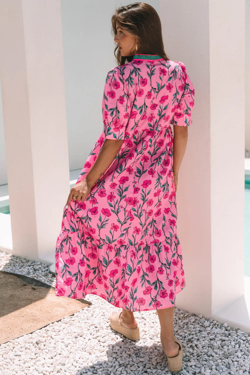 Pink Floral A-line Maxi Dress with Puff Sleeves