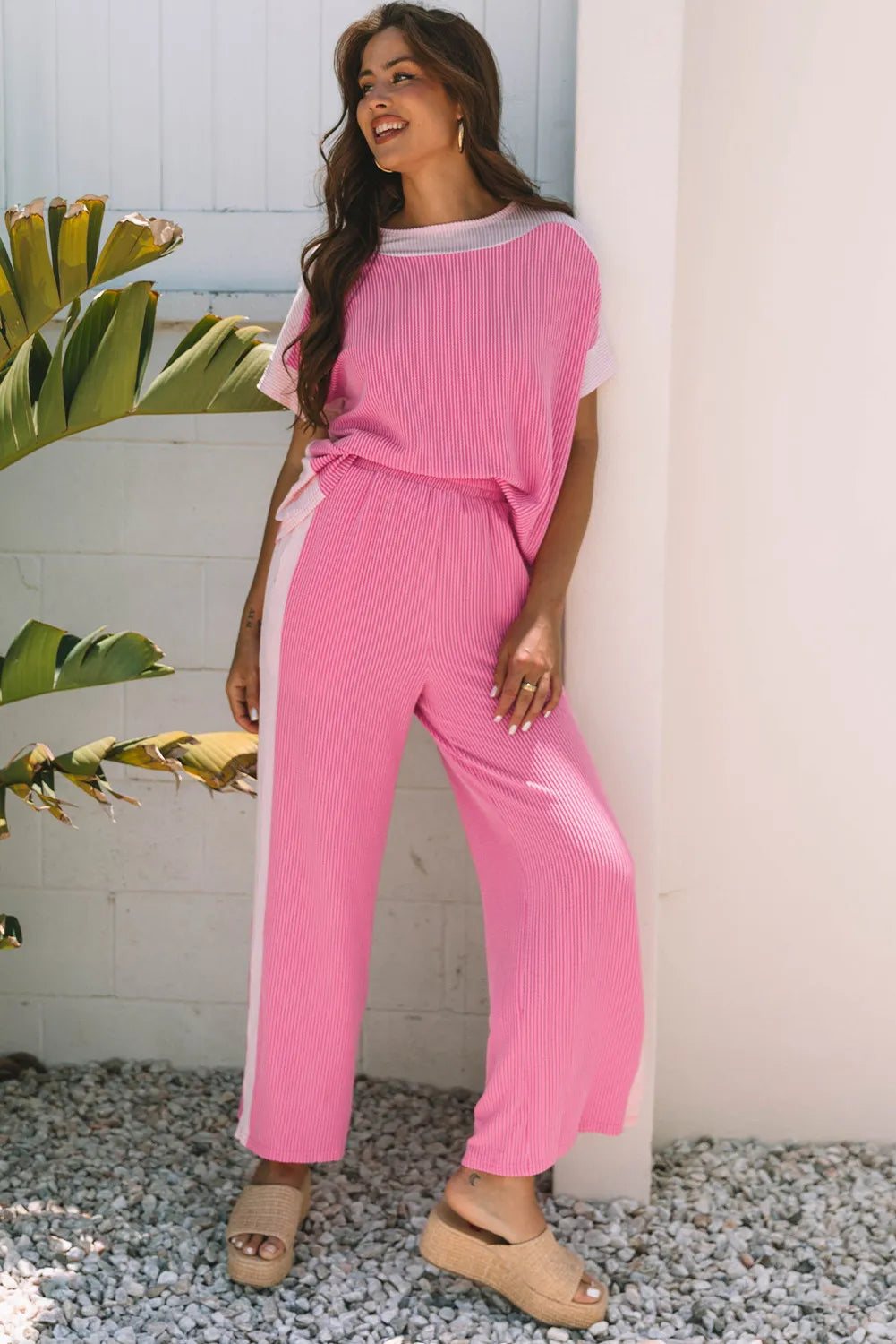 Ribbed Colourblock Co-ord Set with Wide-Leg Trousers