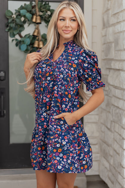 Women's Blue Floral Split Neck Short Puff Sleeve Summer Mini Dress