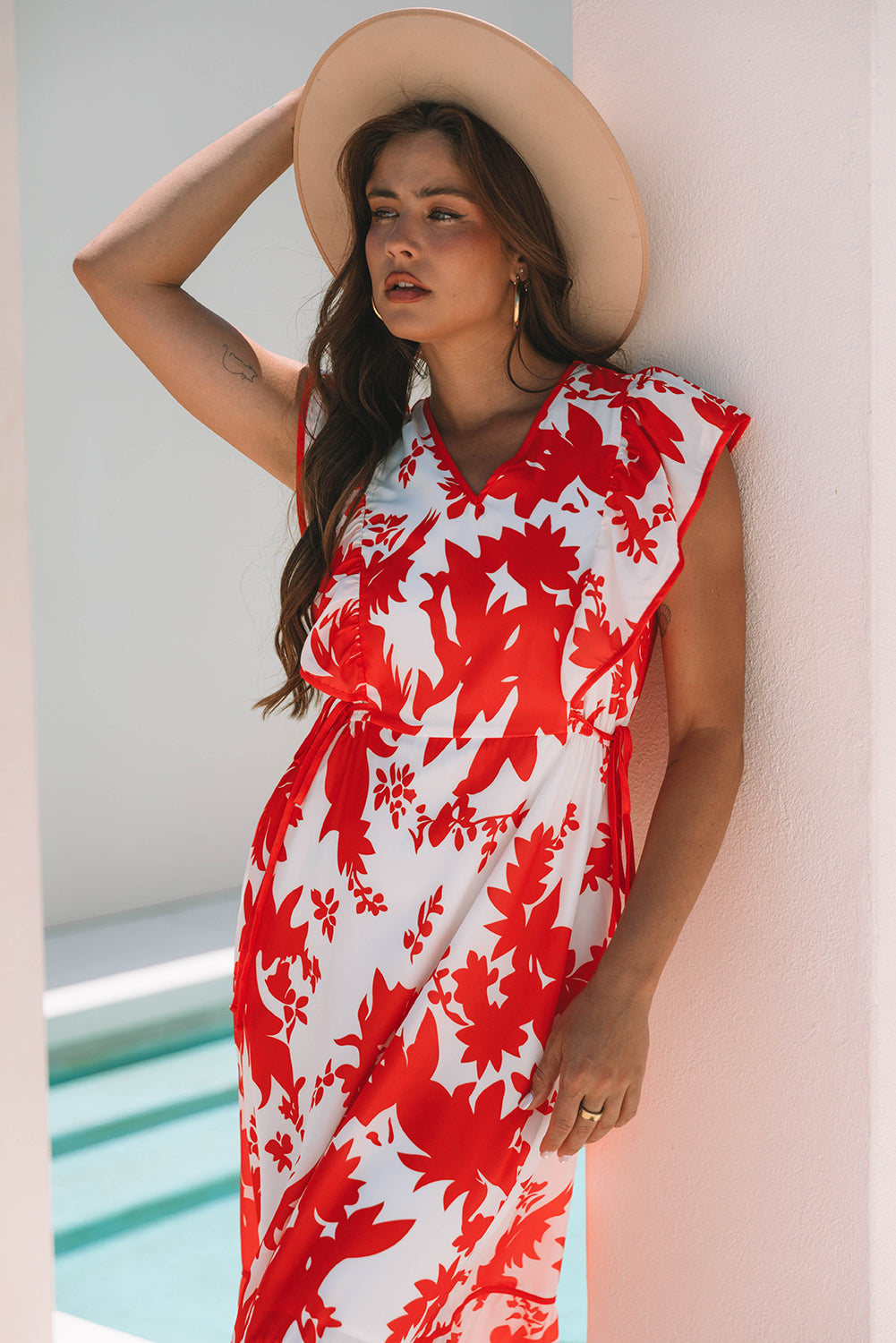 Women's Red Floral V Neck Ruffle Sleeve Summer Midi Dress