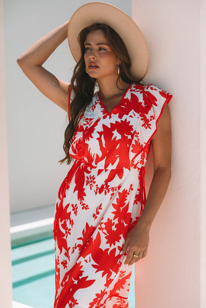 Women's Red Floral V Neck Ruffle Sleeve Summer Midi Dress