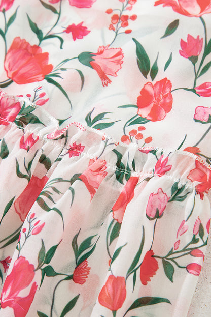 Women's Pink Floral Puff Sleeve Summer Maxi Dress