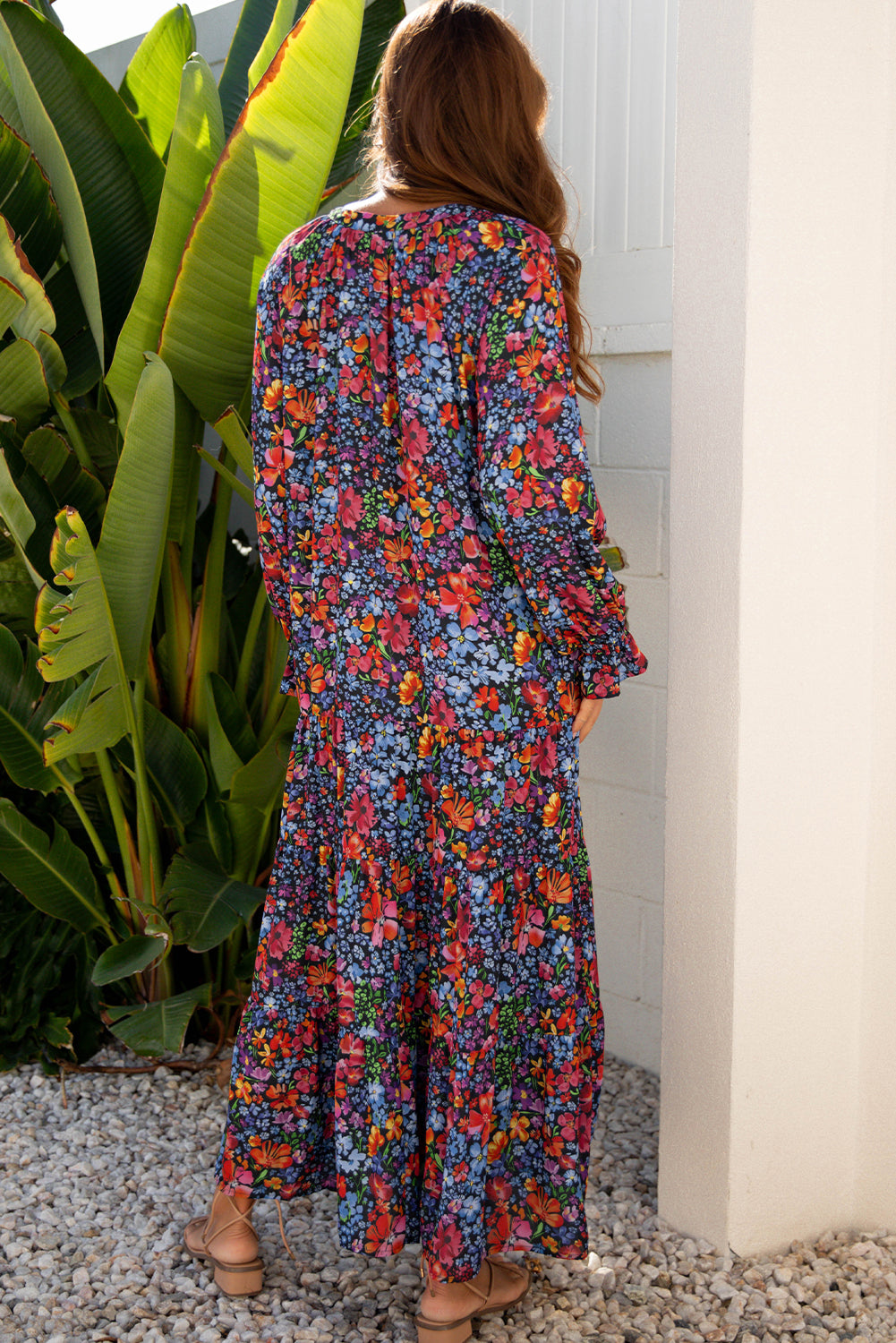 Women's Blue Floral V Neck Long Sleeve Summer Midi Dress