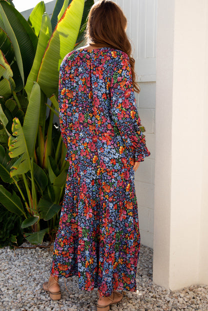 Women's Blue Floral V Neck Long Sleeve Summer Midi Dress