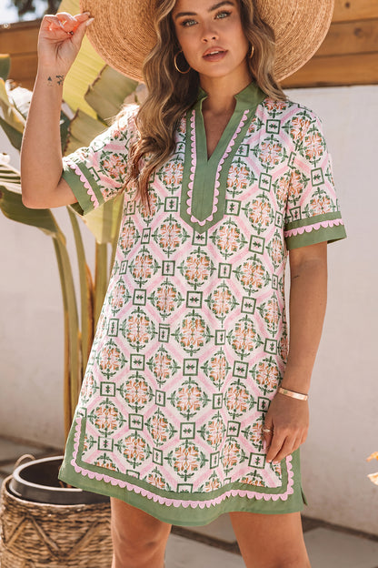 Women's Green Boho Short Sleeve Summer Mini Dress