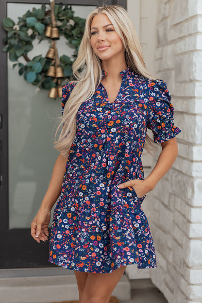 Women's Blue Floral Split Neck Short Puff Sleeve Summer Mini Dress