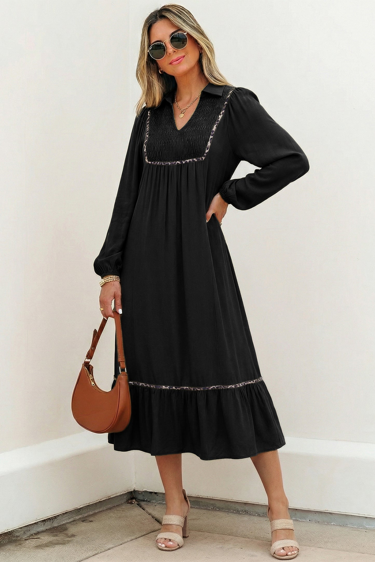 Women's Black V Neck Long Sleeve Summer Maxi Dress