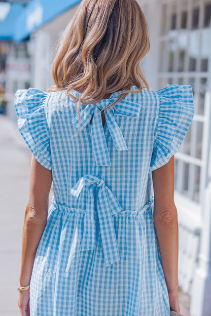Women's Blue Knot Back Ruffled Short Sleeve Summer Maxi Dress