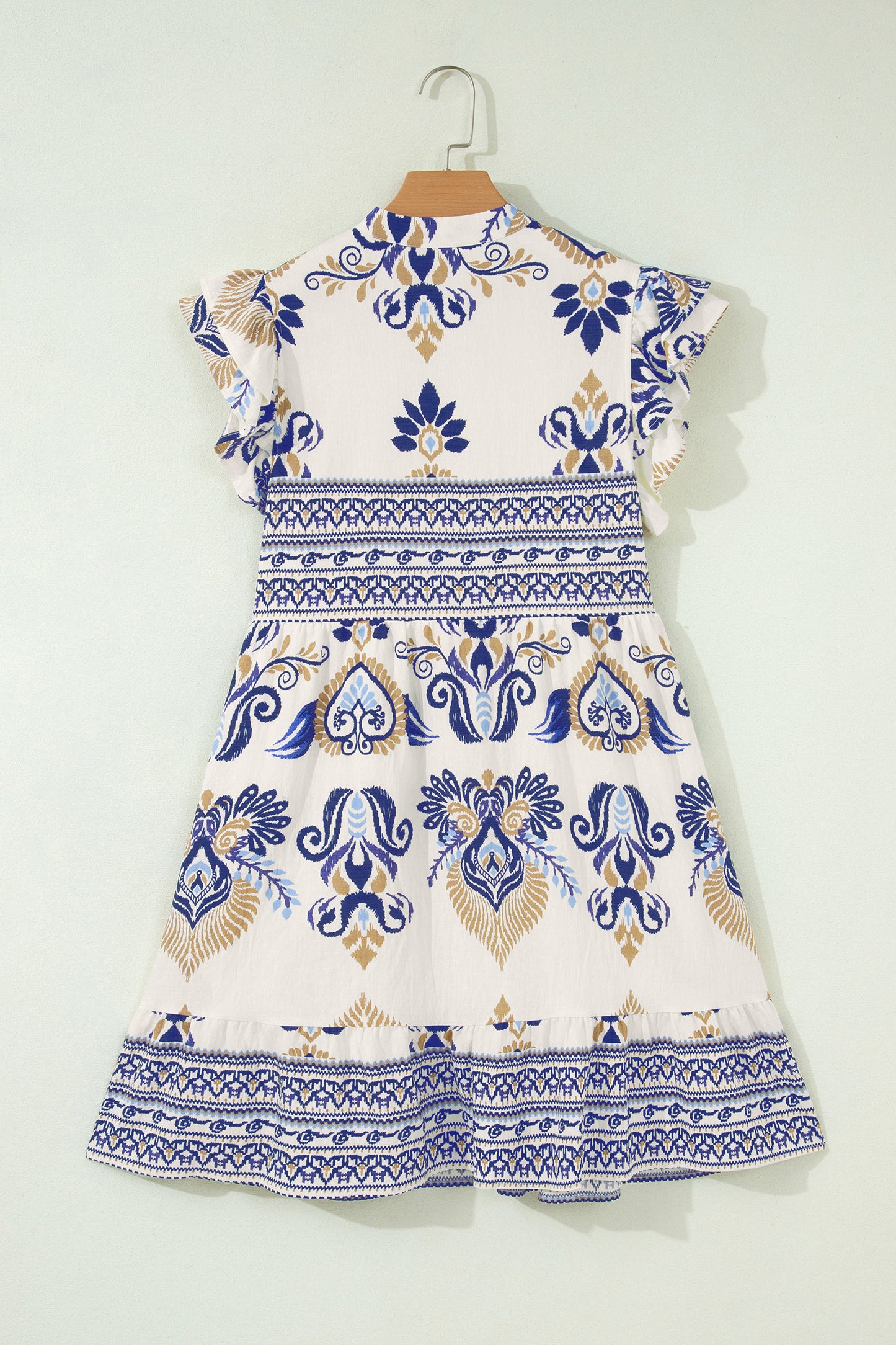 Women's Blue Boho Floral Ruffled Sleeve Summer Mini Dress