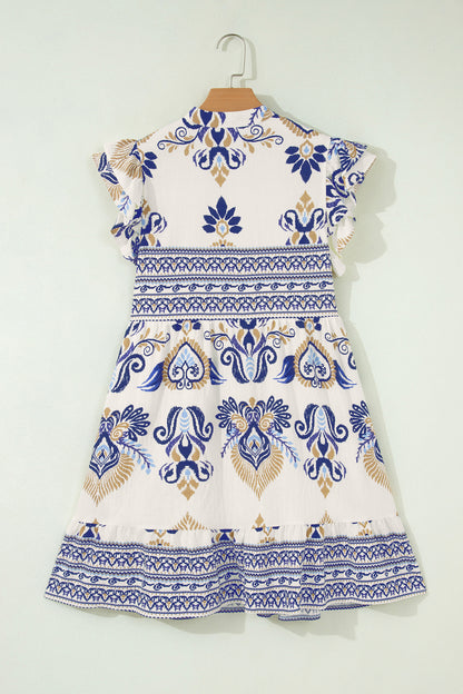 Women's Blue Boho Floral Ruffled Sleeve Summer Mini Dress