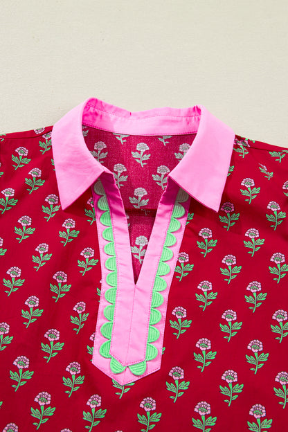 Women's Red Floral V Neck Short Sleeve Summer Mini Dress