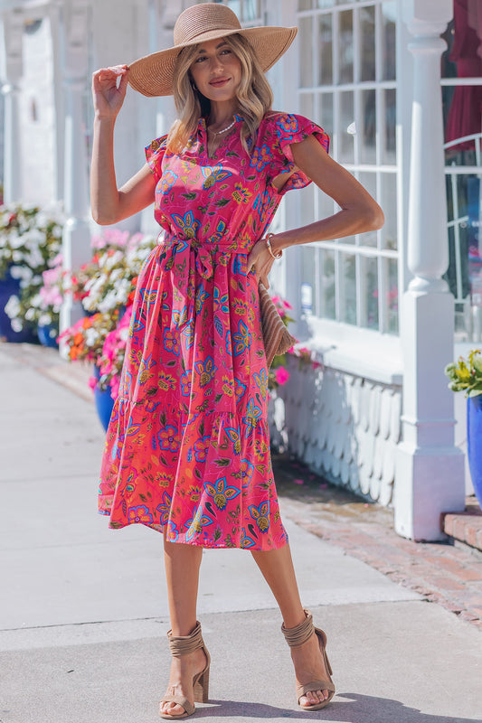 Women's Red Floral Flutter Sleeve Summer Midi Dress