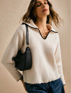 Blanket Stitch Open Collar Cropped Knit Jumper