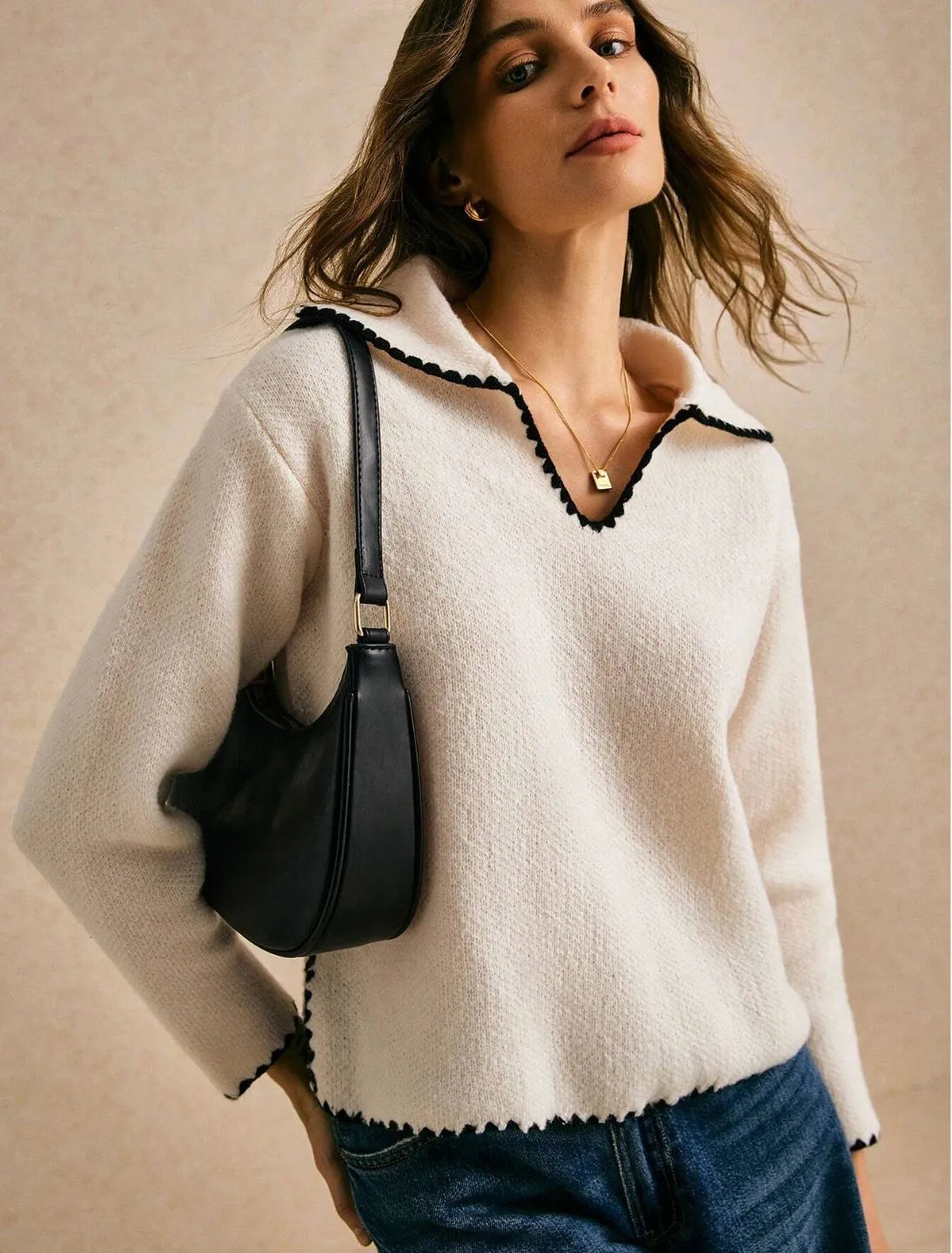 Blanket Stitch Open Collar Cropped Knit Jumper