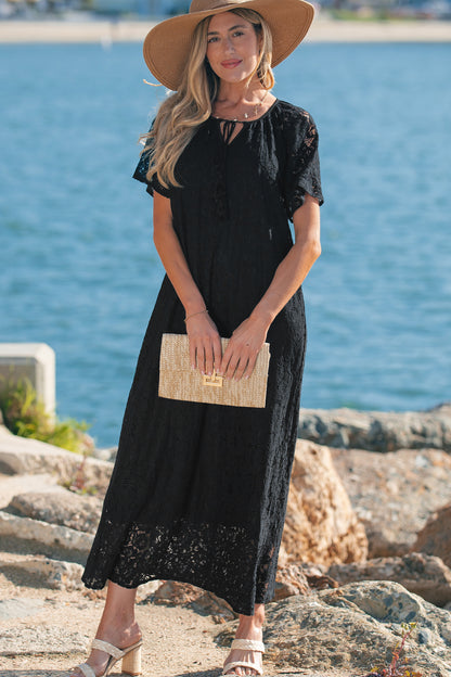 Women's Black Floral Lace Overlay Short Sleeve Summer Maxi Dress