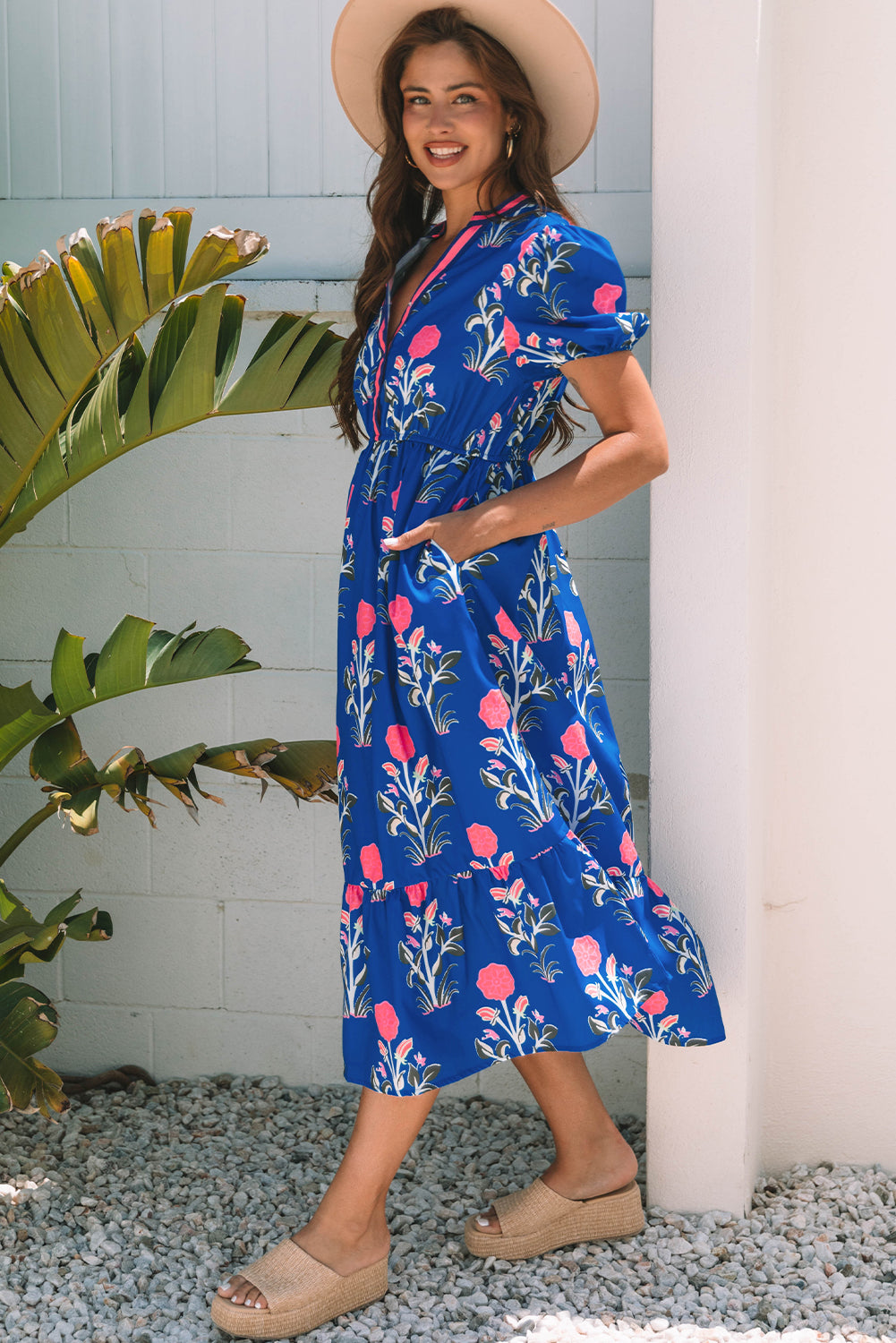 Women's Blue Floral Puff Short Sleeve V Neck Summer Midi Dress