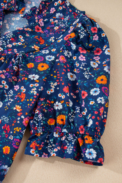 Women's Blue Floral Split Neck Short Puff Sleeve Summer Mini Dress