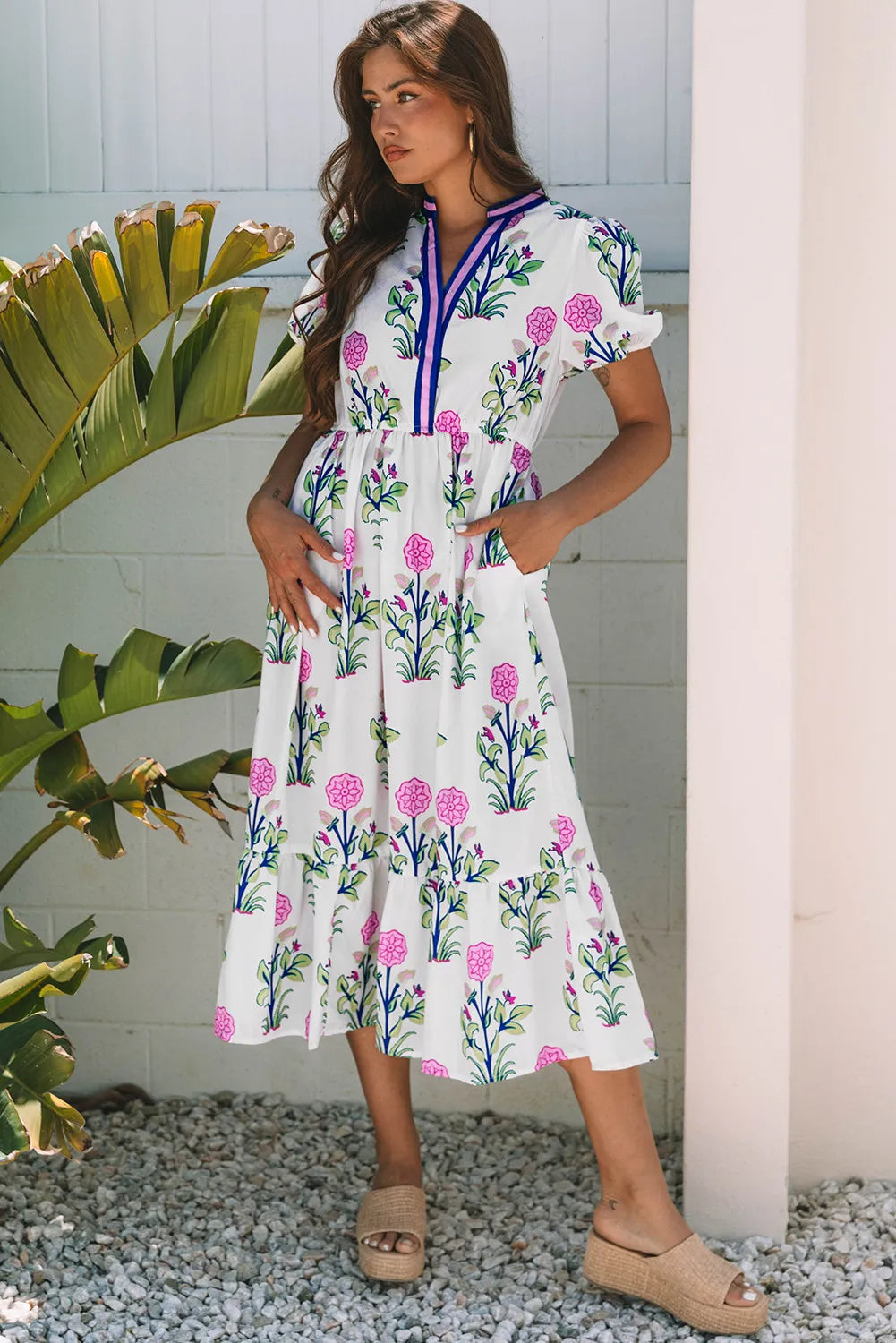 Floral Puff Sleeve Maxi Dress with Pockets