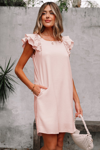 Women's Light Pink Textured Flutter Sleeve Summer Mini Dress