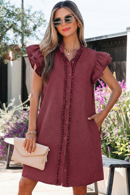 Women's Red Button Down Ruffle Short Sleeve Summer Mini Dress