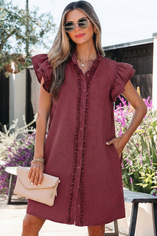 Women's Red Button Down Ruffle Short Sleeve Summer Mini Dress