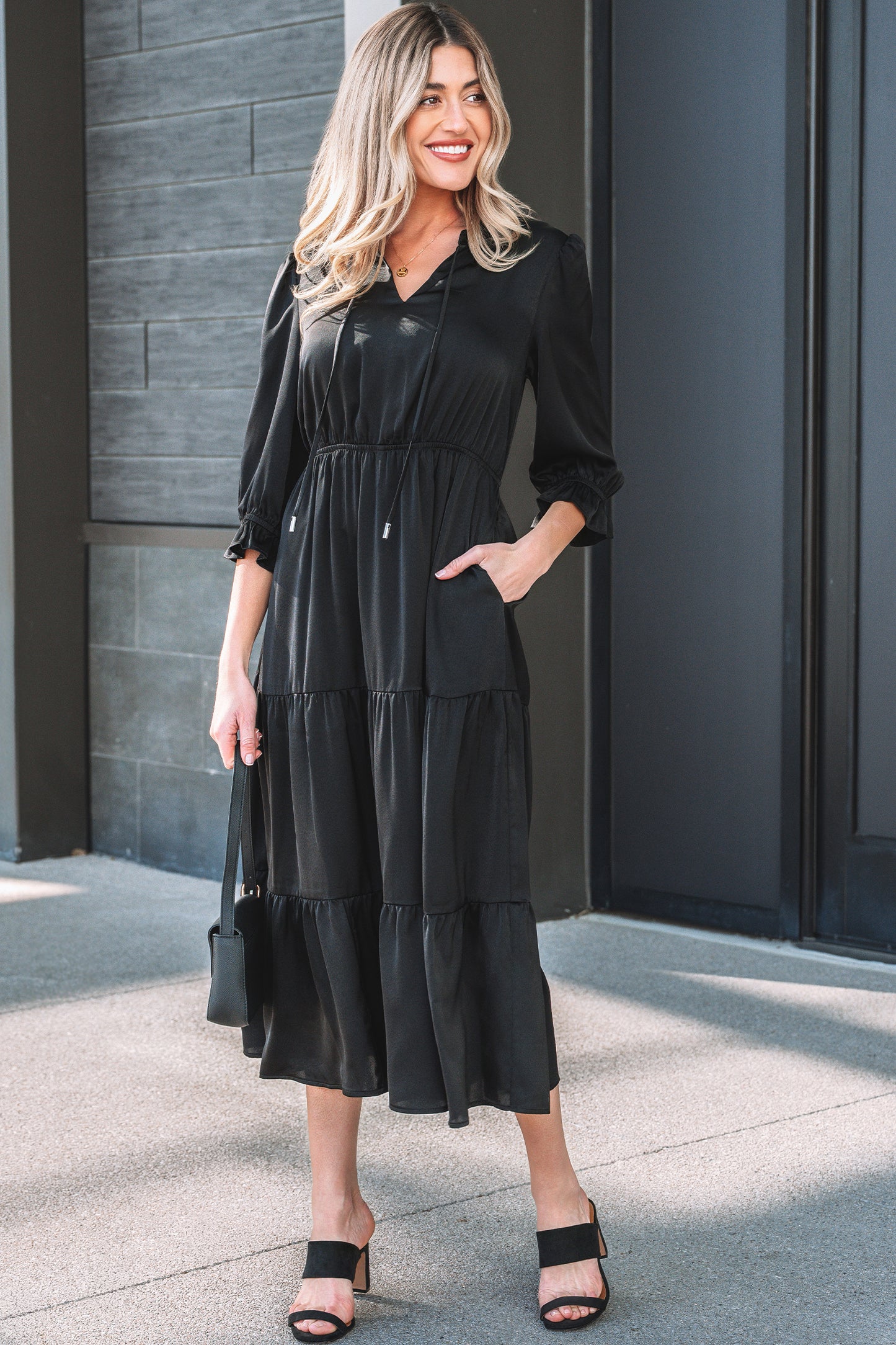 Women's Black Flounced Bracelet Sleeve Summer Midi Dress