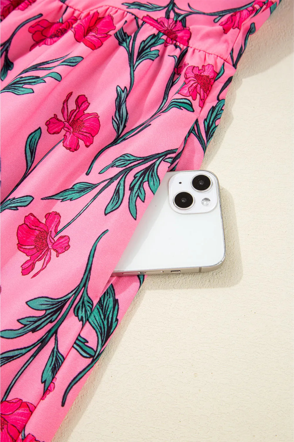 Pink Floral A-line Maxi Dress with Puff Sleeves
