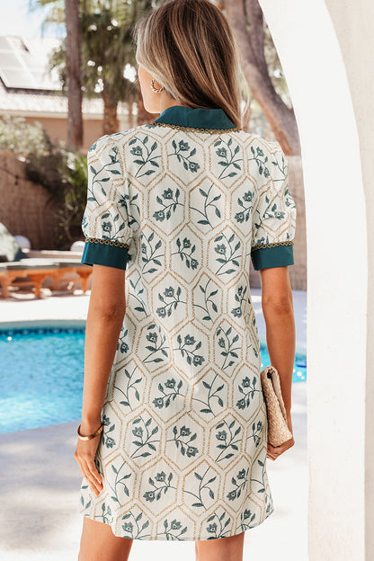 Women's Green Floral Short Sleeve Summer Mini Dress