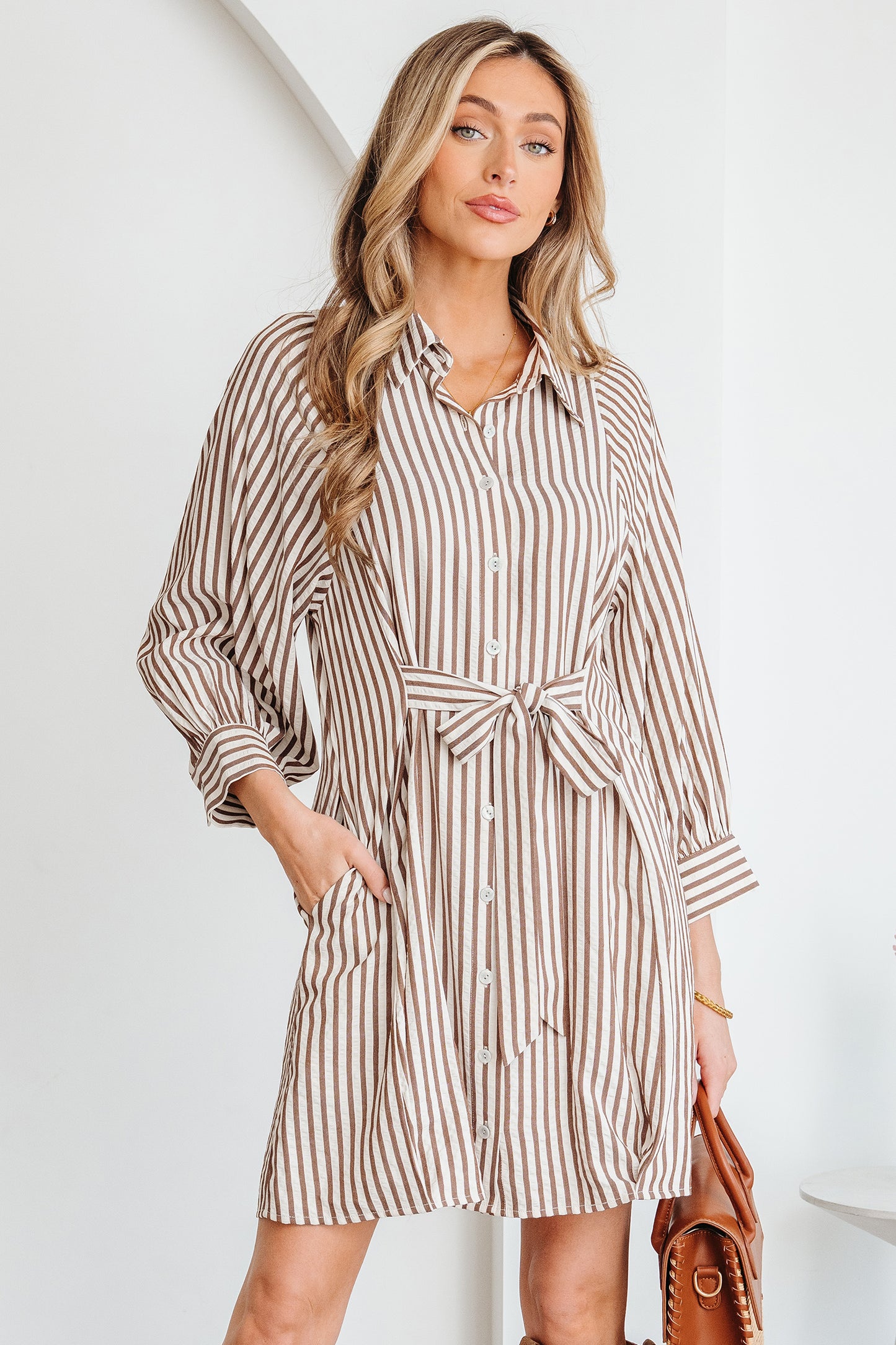 Women's Brown Stripe Puff Sleeve Summer Mini Dress
