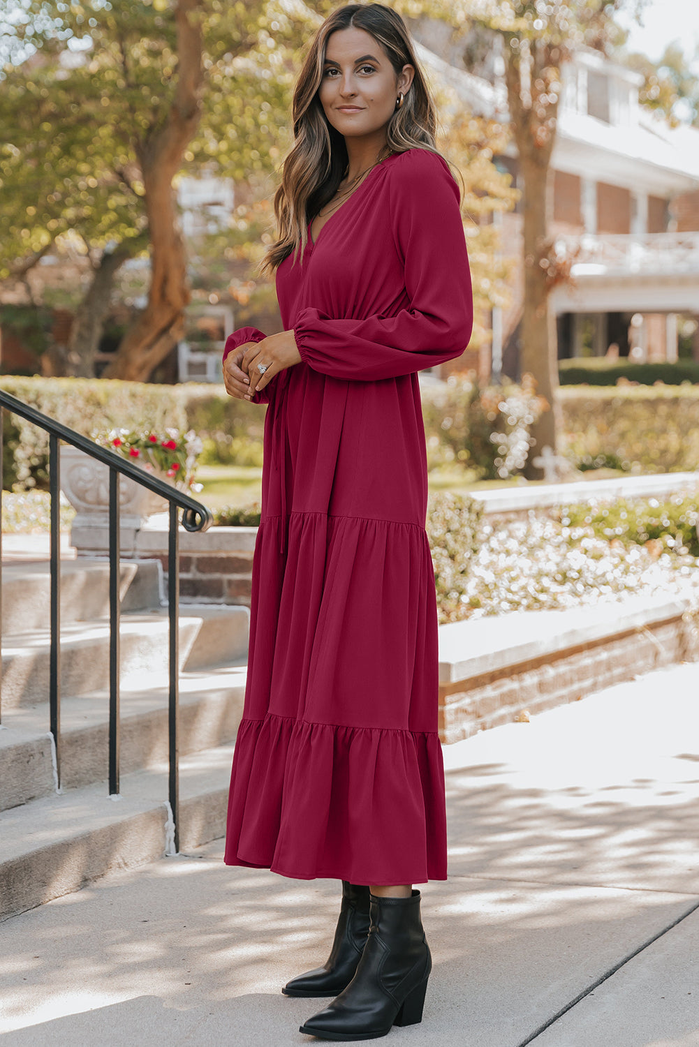 Women's Burgundy Long Sleeve V Neck Summer Maxi Dress