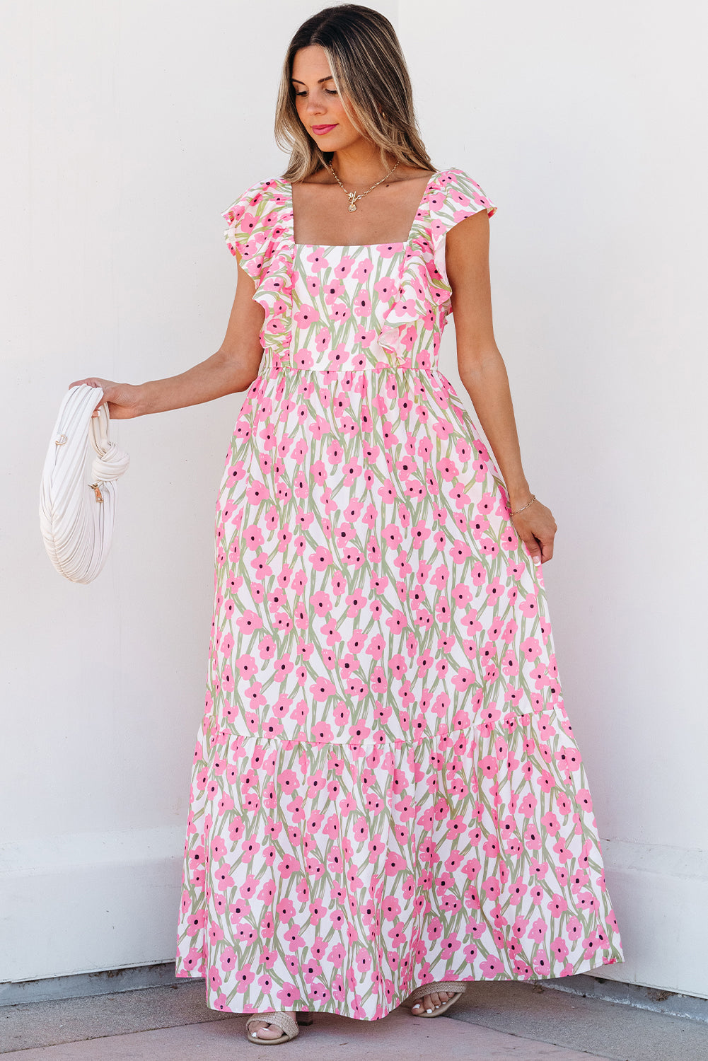 Women's Pink Floral Square Neck Summer Maxi Dress