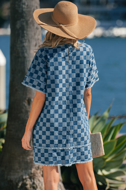 Women's Blue Frayed Hem Checkered Denim Summer Mini Dress