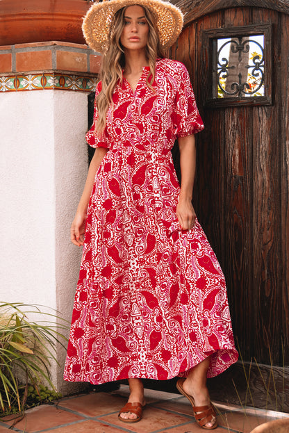 Women's Red Puff Sleeve Summer Maxi Dress