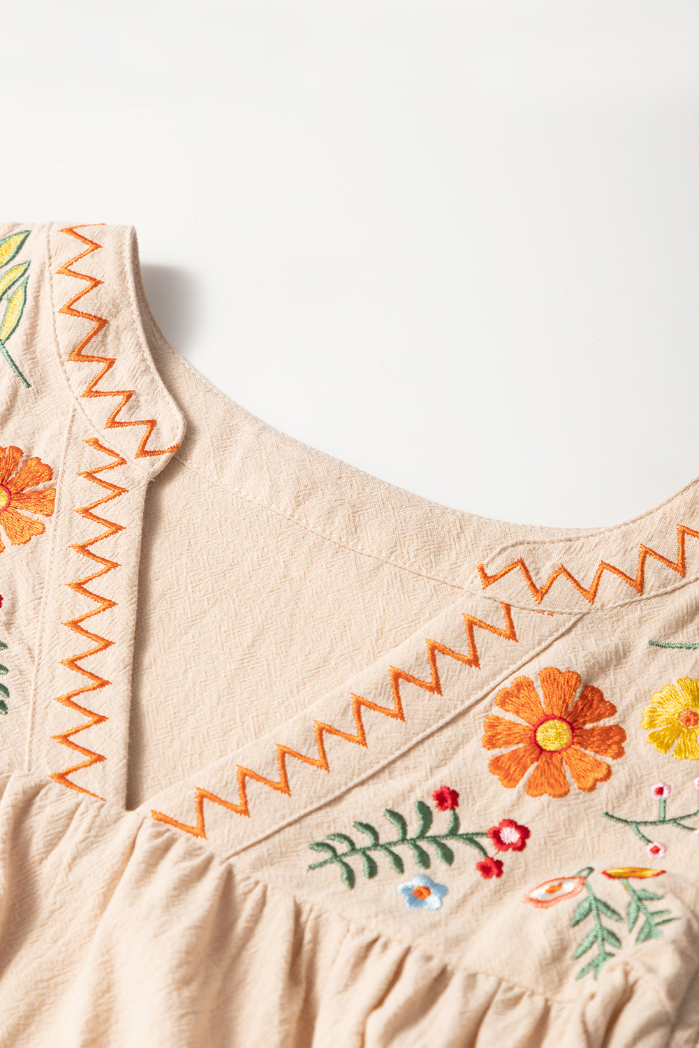 Embroidery Split Neck Pom Pom Ruffle Sleeves Flowy Mini Dress