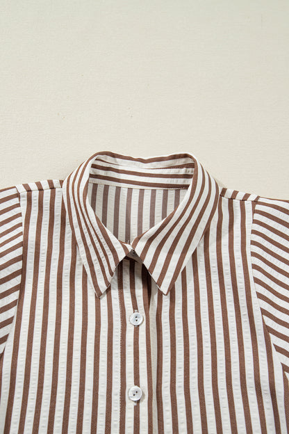 Women's Brown Stripe Puff Sleeve Summer Mini Dress