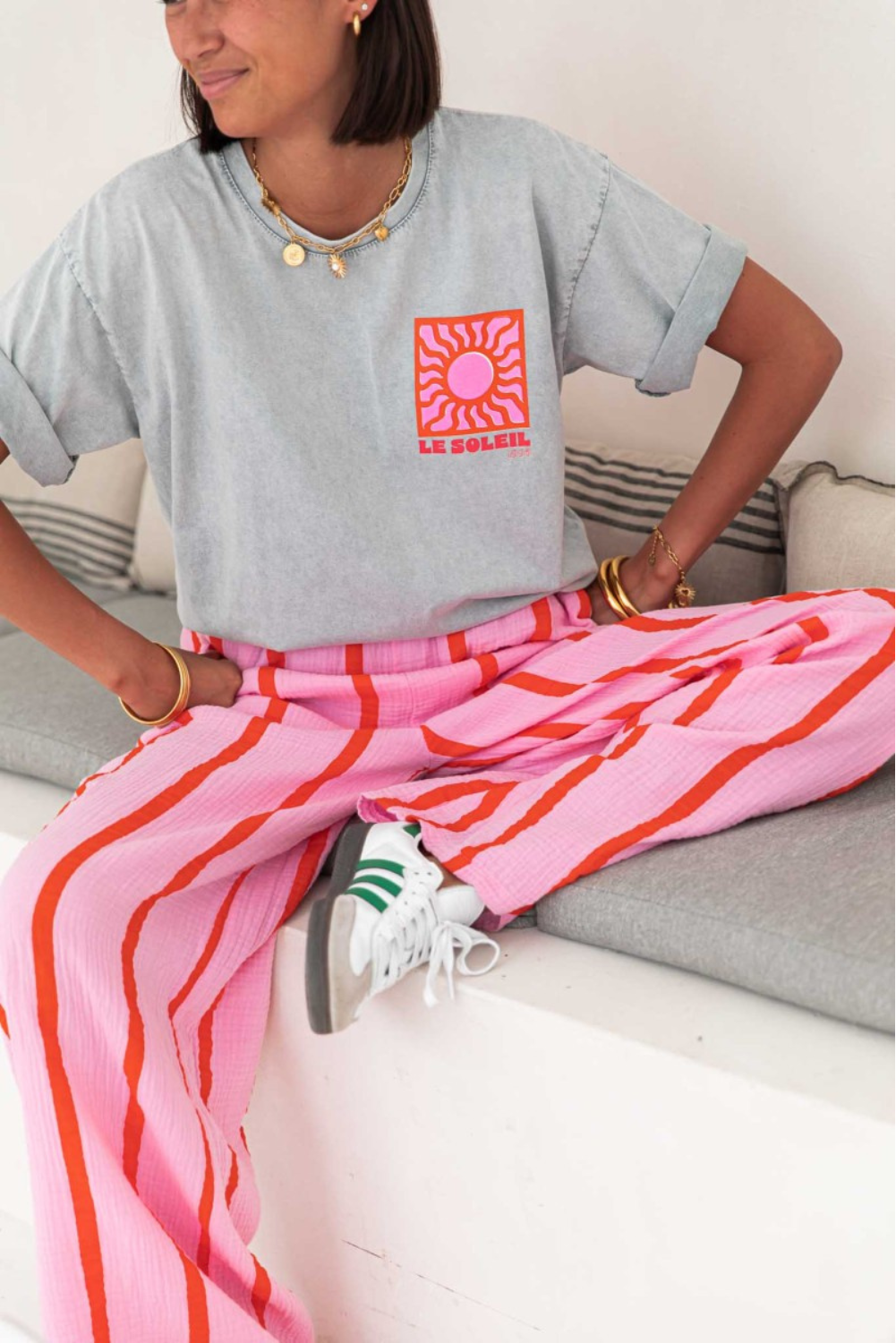 Pink Striped Wide-Leg Trousers with Elastic Waist