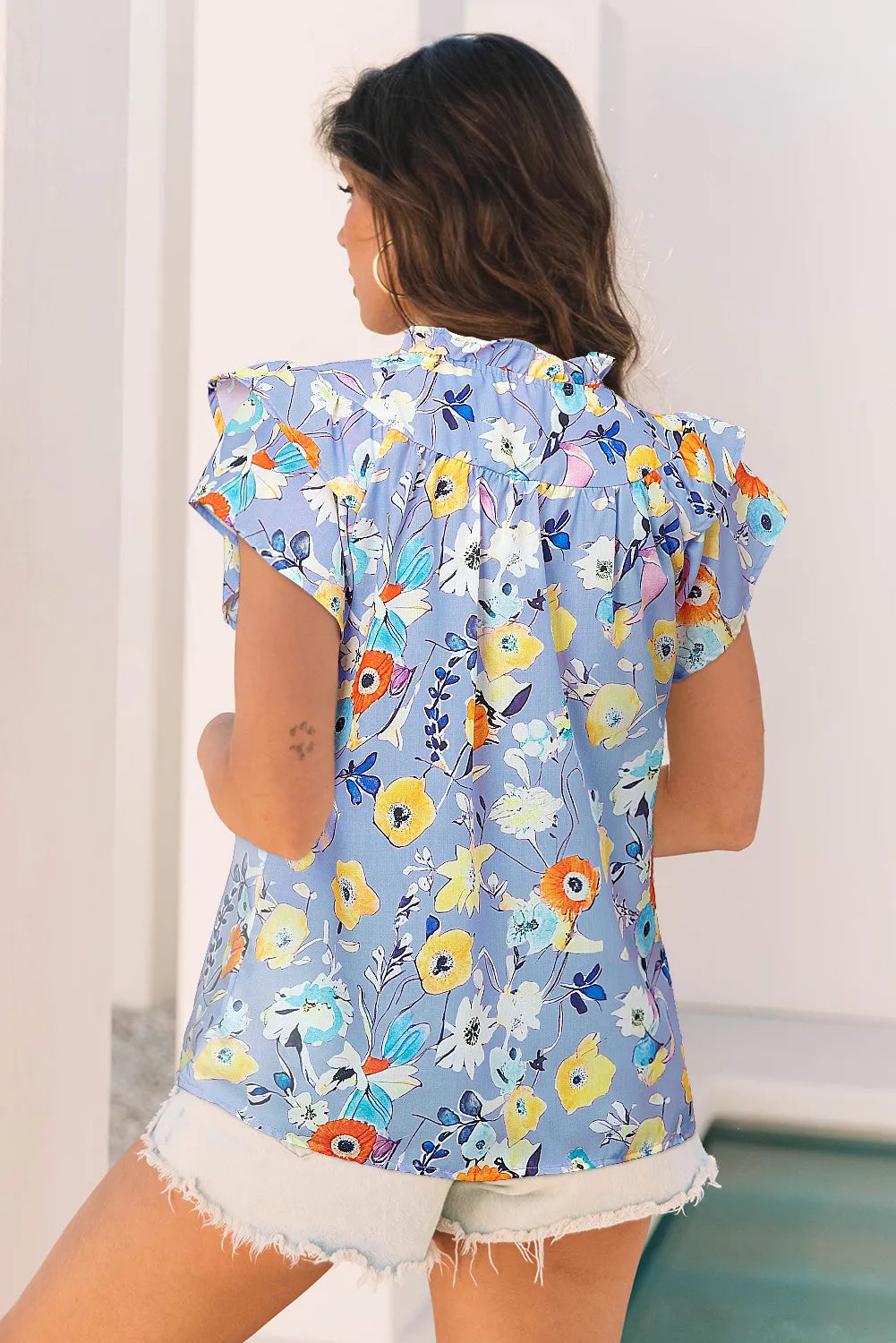 Floral Blouse with Flutter Sleeves and V-Neckline