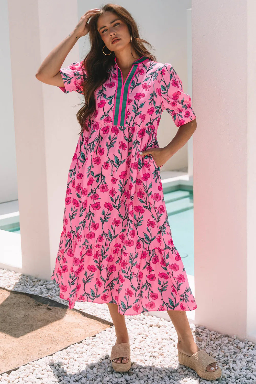 Pink Floral A-line Maxi Dress with Puff Sleeves