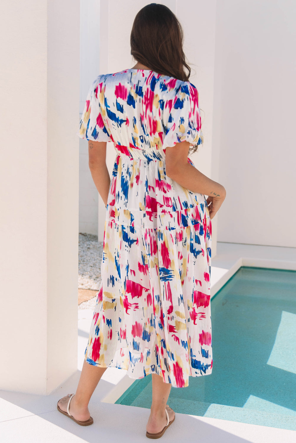 Women's Rose Abstract Print Short Puff Sleeve Summer Maxi Dress