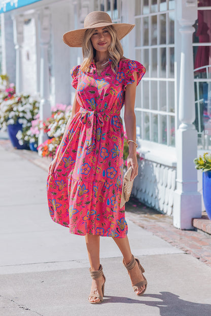 Women's Red Floral Flutter Sleeve Summer Midi Dress