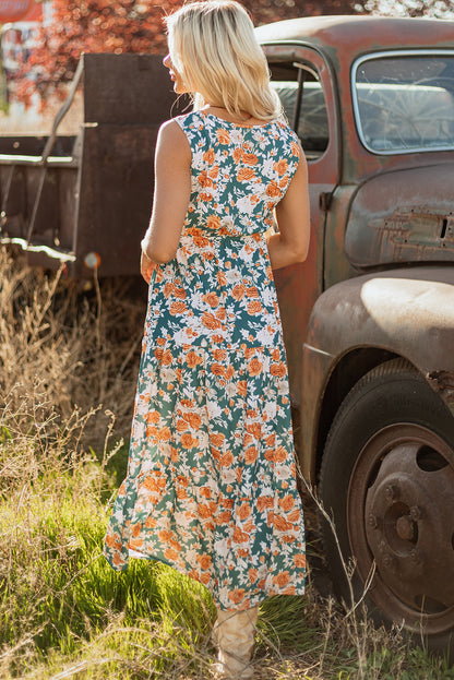 Women's Green Floral V Neck Sleeveless Summer Midi Dress